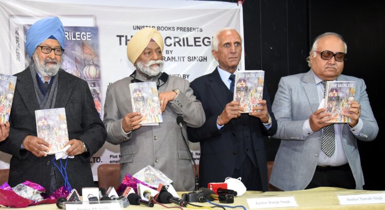 Justice SS Sodhi (extreme left) , Justice Nawab Singh 2nd from right ) and Justice Mahesh Grover ( extreme right ) during the launch of  Justice Ranjit Singh ( in middle) book, ‘The Sacrilege’ at Chandigarh Press Club