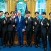 President Joe Biden records a digital address with the singing group BTS Tuesday, May 31, 2022, in the Oval Office of the White House.